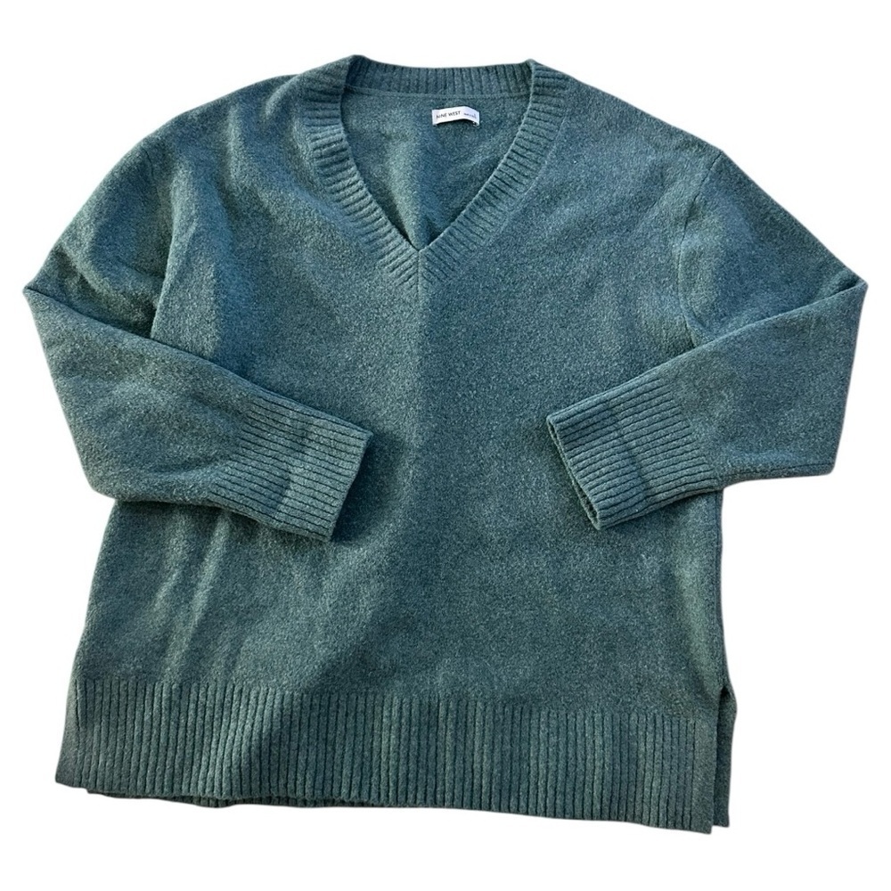 Nine West Green V-Neck Tunic Sweater Cozy Relaxed Fit Clean Girl Soft Classic, L
